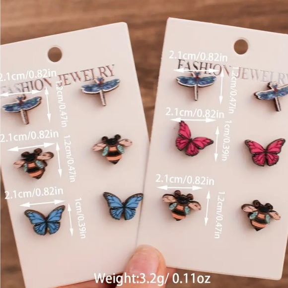 Blue Butterfly, Bee & Dragonfly Stud Earrings Set - Picture 2 of 2